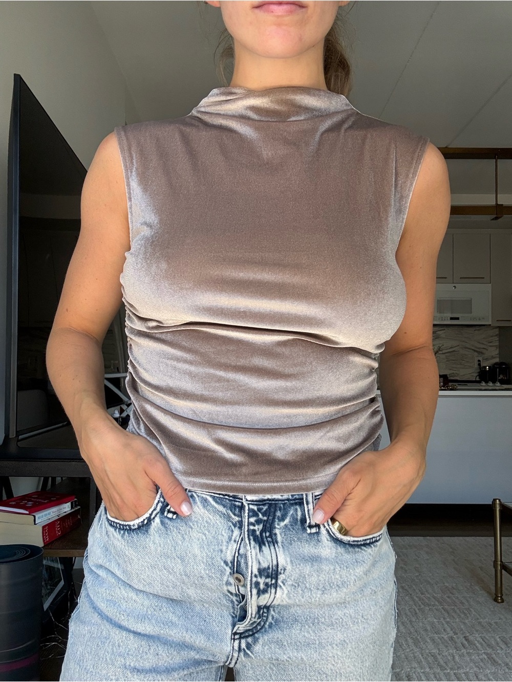 a new day Sleeveless Velvet Mock Neck Tank in Taupe